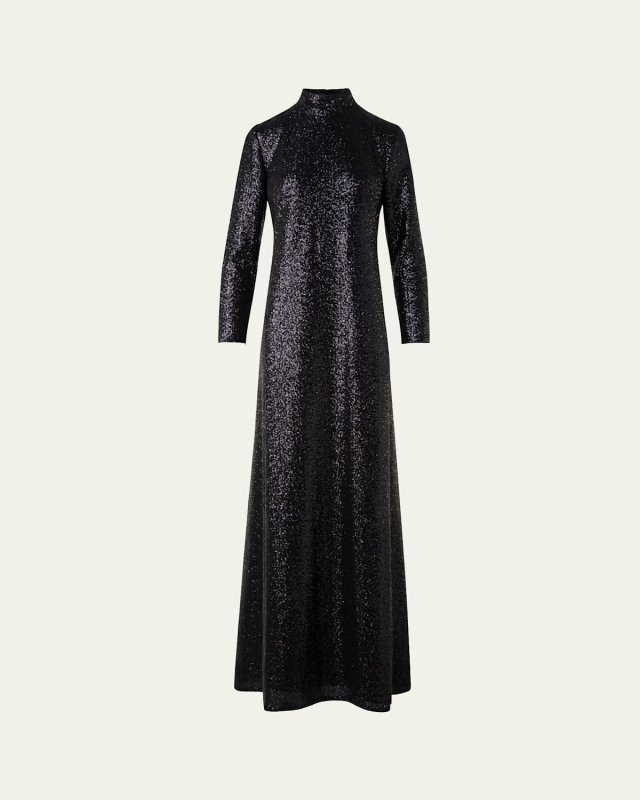 Sequined Jersey High-Neck Long Sleeve Gown